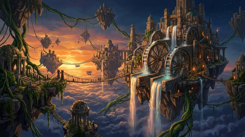 Floating islands in the twilight sky
